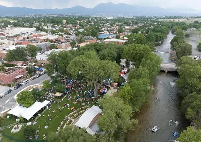 Aerial view of Riverside Park and the Arkansas River in Salida, Colorado